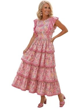 Simply Southern Pink Floral Patchwork Tiered Midi Dress Size Medium NWT